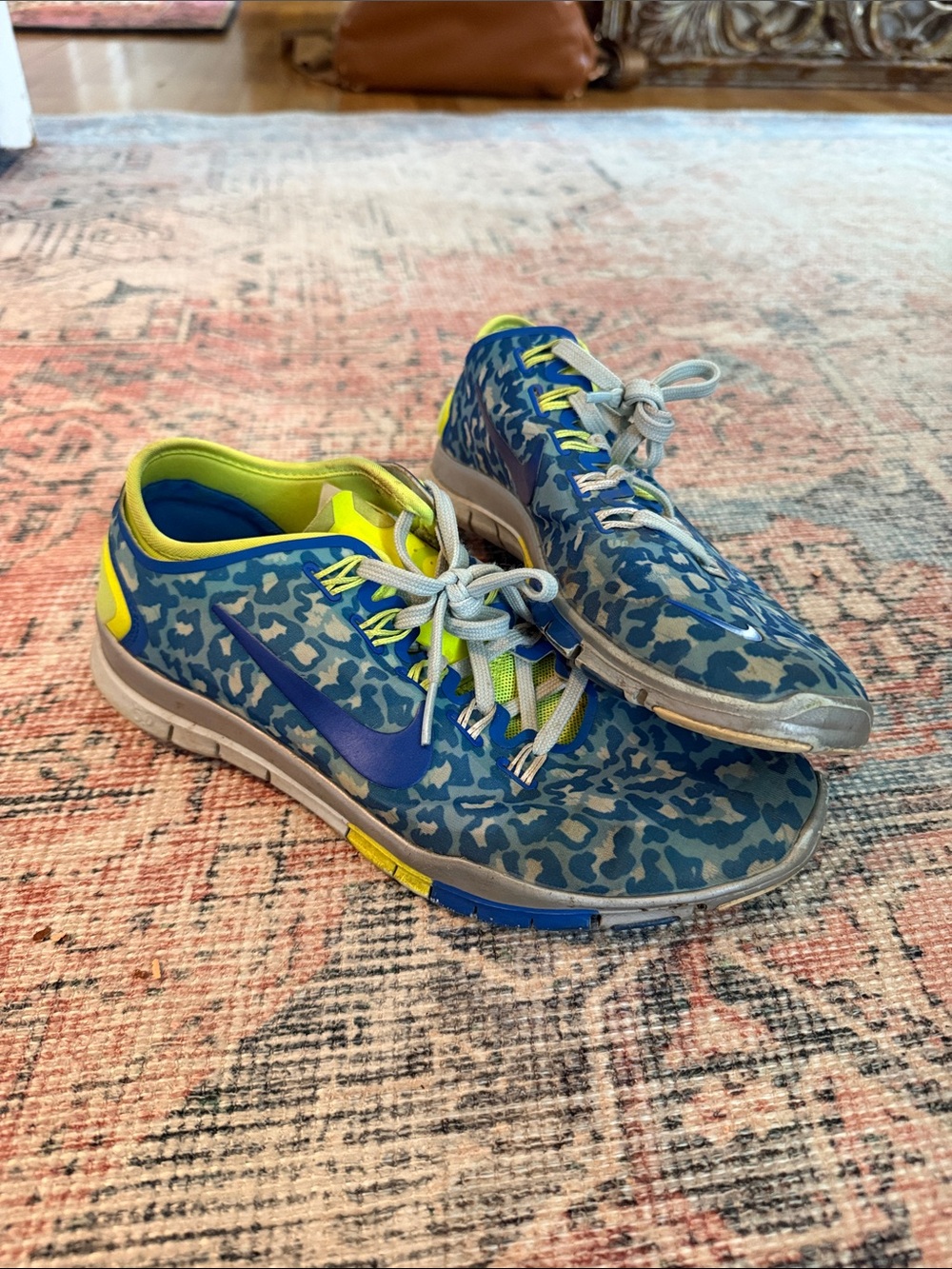 Nike Kids Blue Camo Sneakers with Neon Yellow Trim